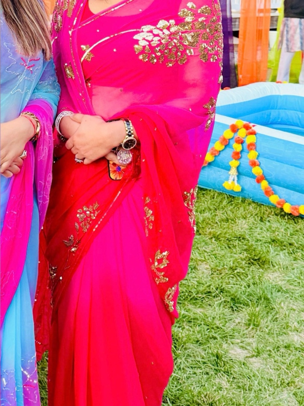Bright Red and Pink Embellished Saree